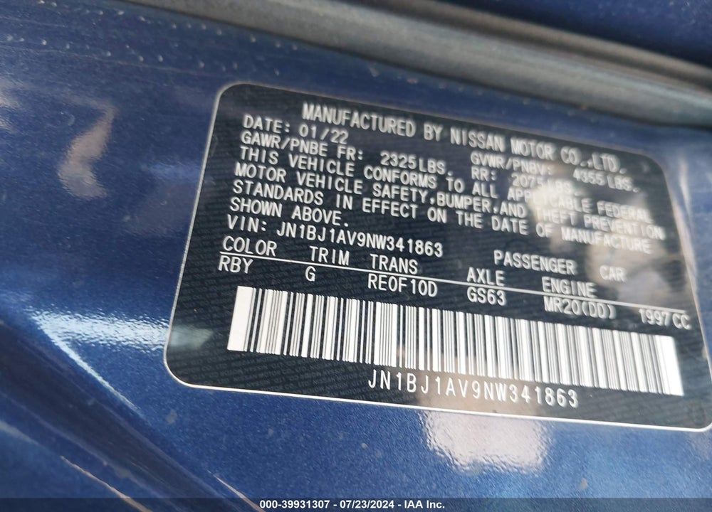 2022 NISSAN ROGUE SPORT S FWD XTRONIC CVT VIN: JN1BJ1AV9NW341863