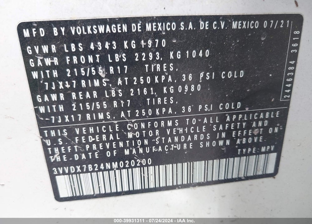 2022 VOLKSWAGEN TAOS 1.5T S VIN: 3VVDX7B24NM020200