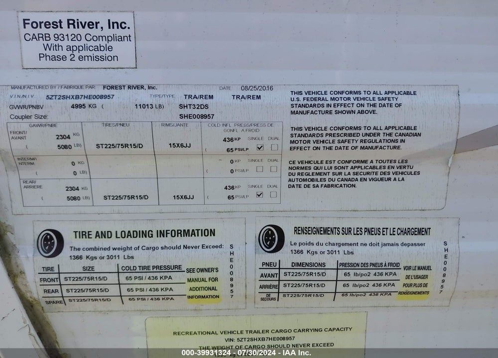2017 SHASTA OTHER VIN: 5ZT2SHXB7HE008957