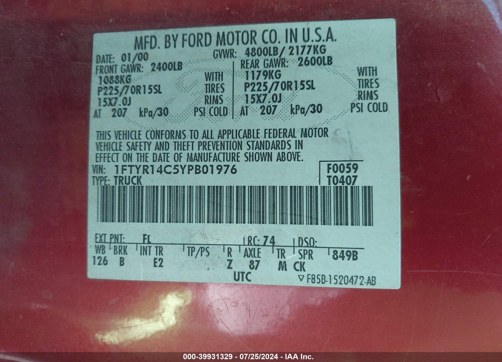 2000 FORD RANGER XL/XLT VIN: 1FTYR14C5YPB01976
