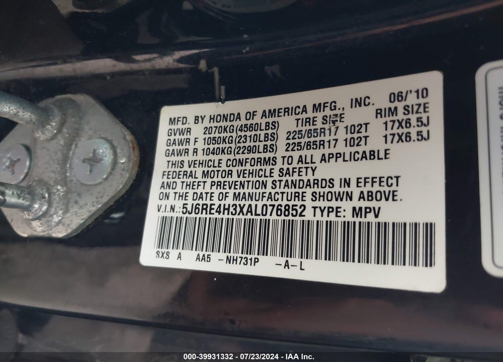 2010 HONDA CR-V LX VIN: 5J6RE4H3XAL076852