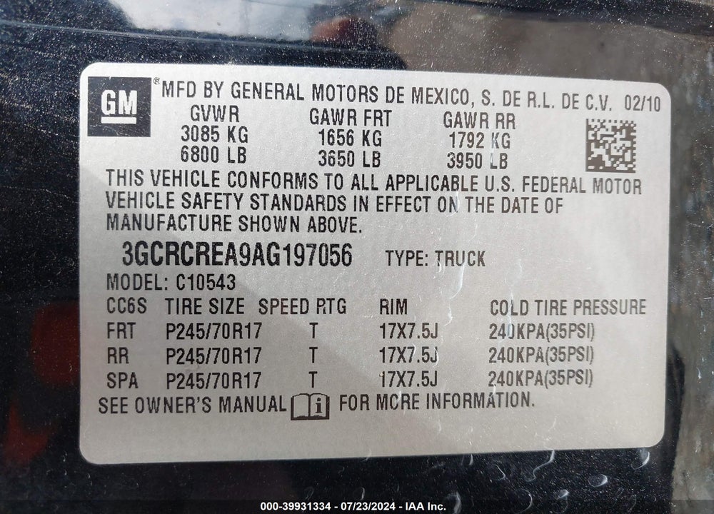 2010 CHEVROLET SILVERADO 1500 LS VIN: 3GCRCREA9AG197056