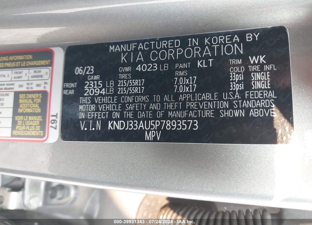 2023 KIA SOUL EX VIN: KNDJ33AU5P7893573