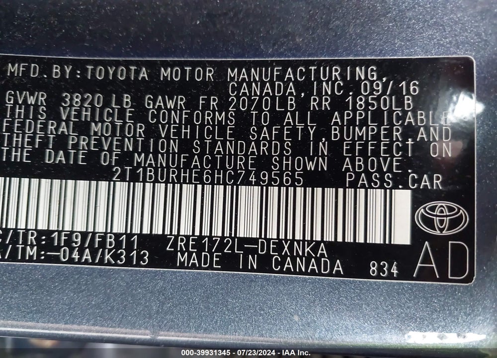 2017 TOYOTA COROLLA LE VIN: 2T1BURHE6HC749565