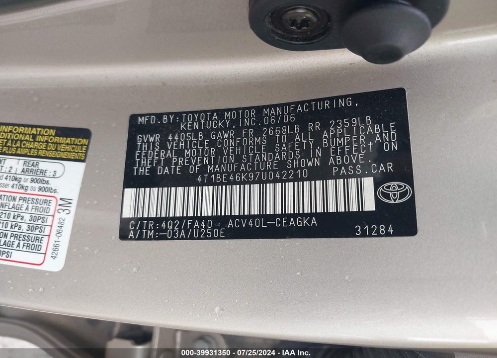 2007 TOYOTA CAMRY XLE VIN: 4T1BE46K97U042210