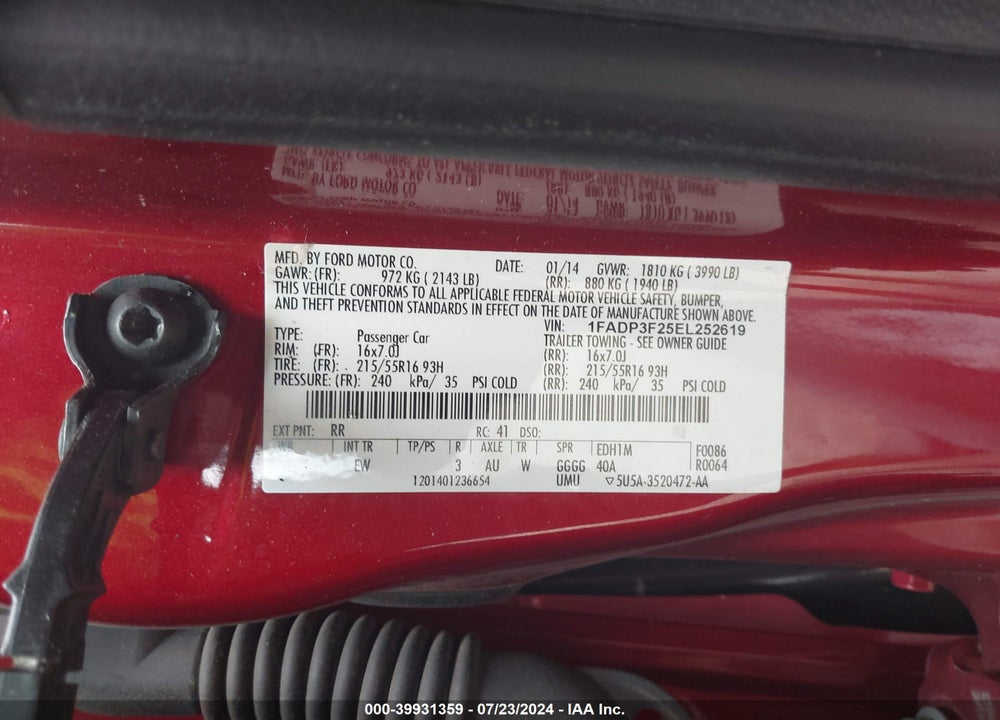 2014 FORD FOCUS SE VIN: 1FADP3F25EL252619
