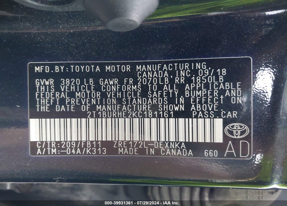 2019 TOYOTA COROLLA LE VIN: 2T1BURHE2KC181161