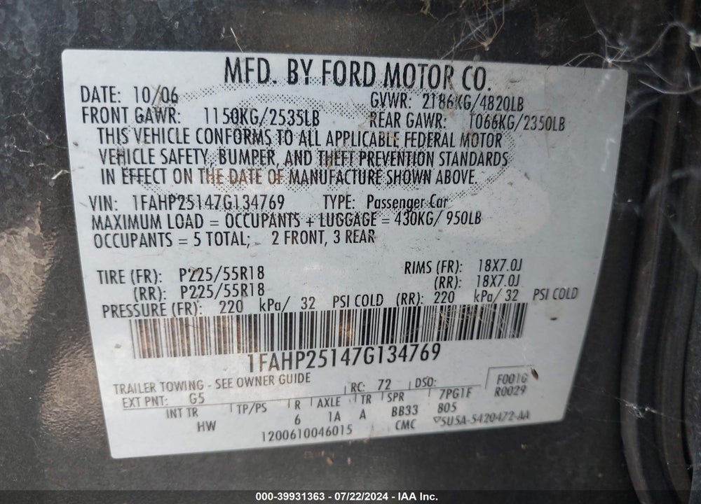 2007 FORD FIVE HUNDRED LIMITED VIN: 1FAHP25147G134769
