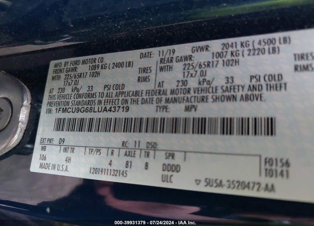 2020 FORD ESCAPE SE VIN: 1FMCU9G68LUA43719
