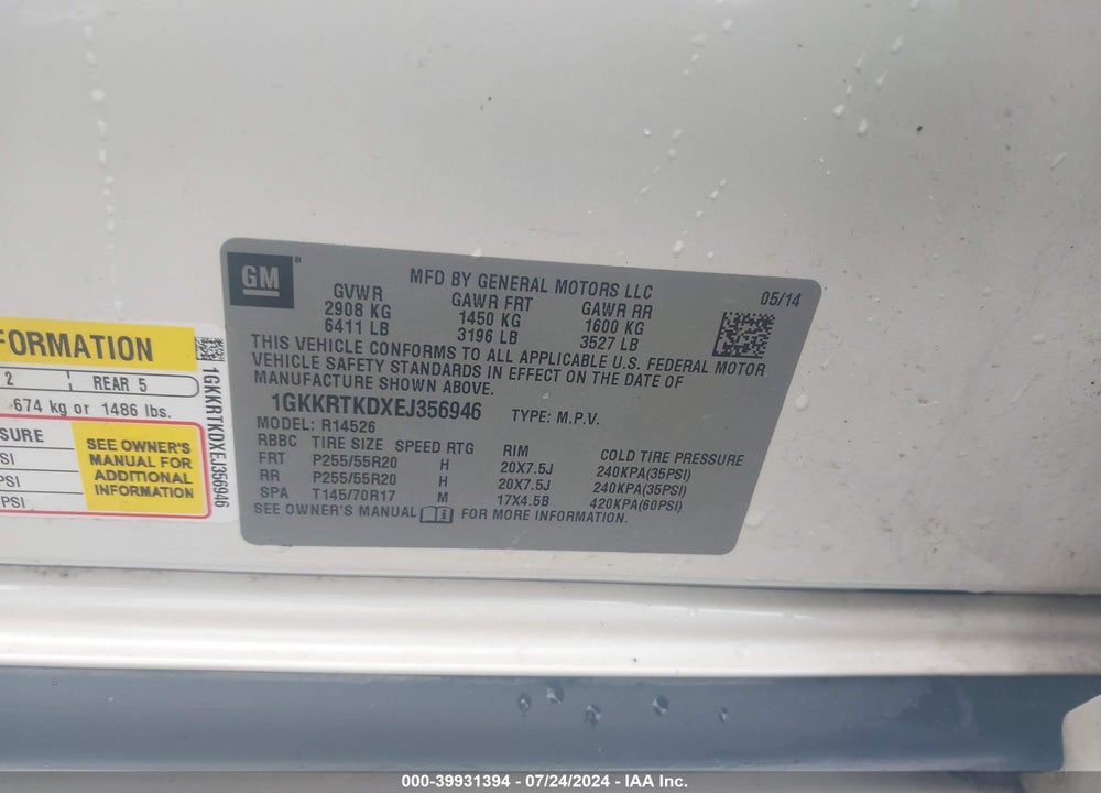 2014 GMC ACADIA DENALI VIN: 1GKKRTKDXEJ356946