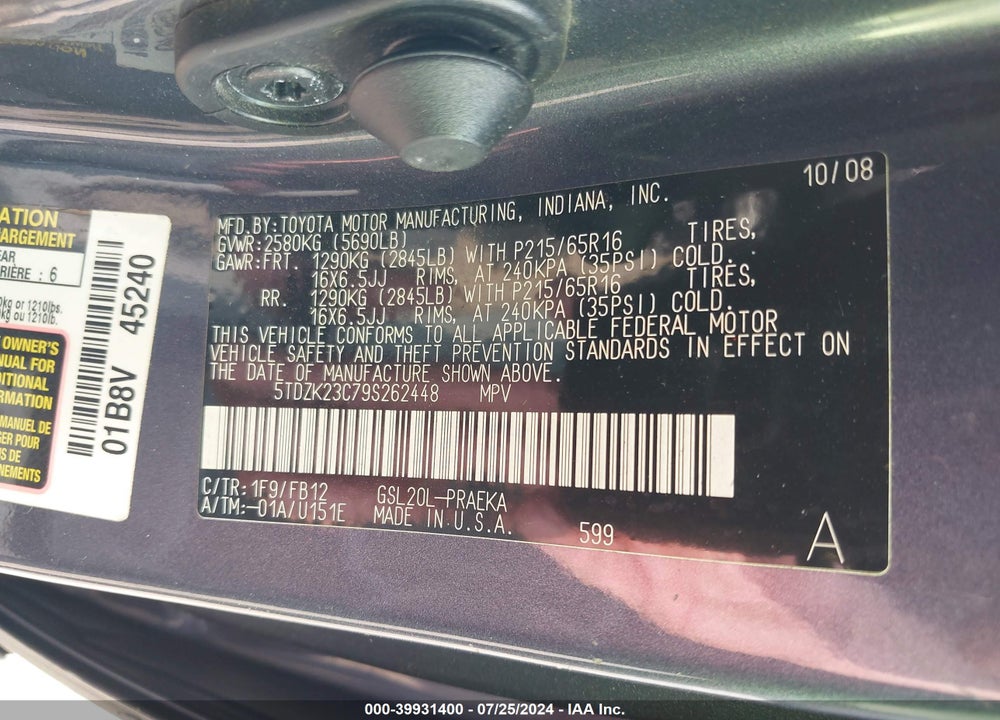 2009 TOYOTA SIENNA CE VIN: 5TDZK23C79S262448