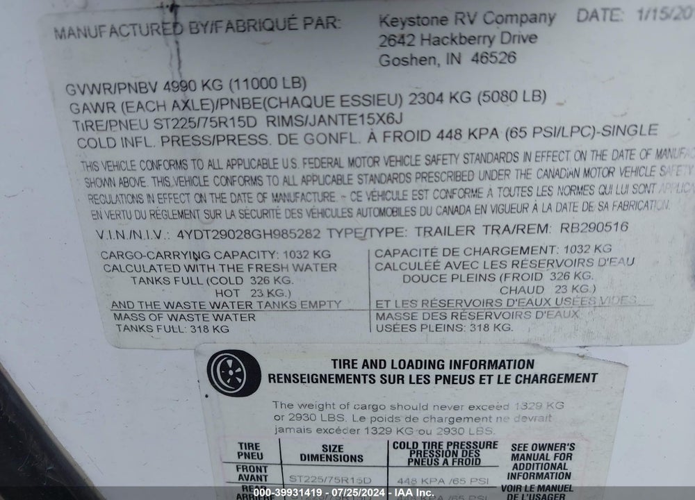 2016 KEYSTONE TRAVEL TRLR VIN: 4YDT29028GH985282