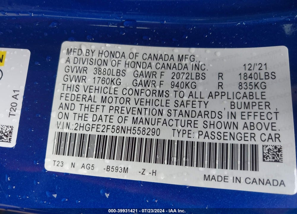 2022 HONDA CIVIC SPORT VIN: 2HGFE2F58NH558290