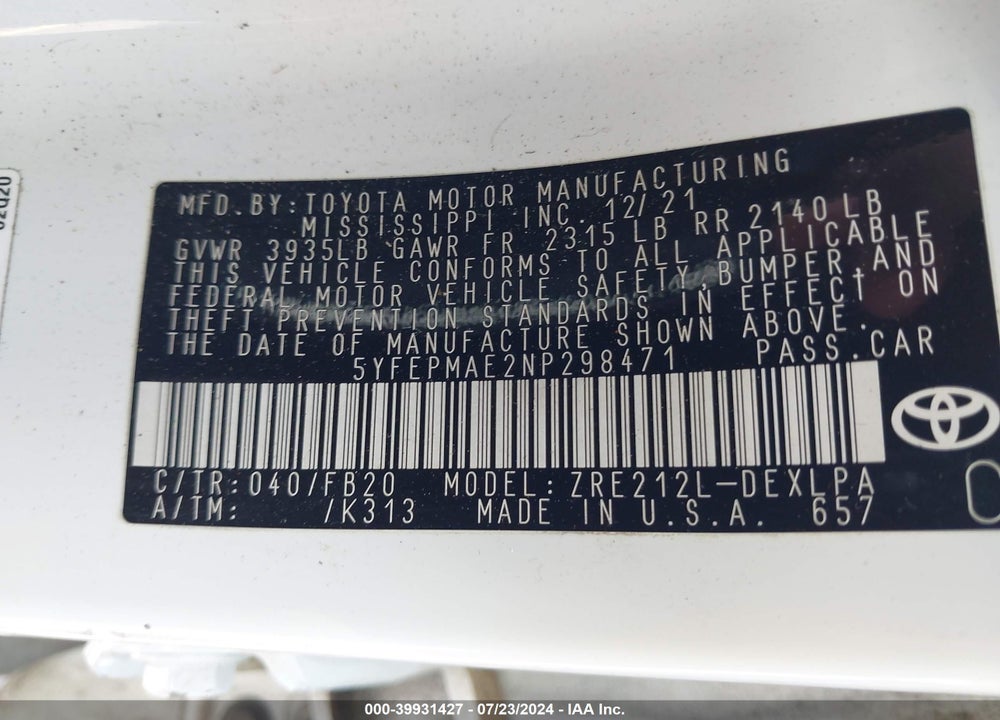 2022 TOYOTA COROLLA LE VIN: 5YFEPMAE2NP298471