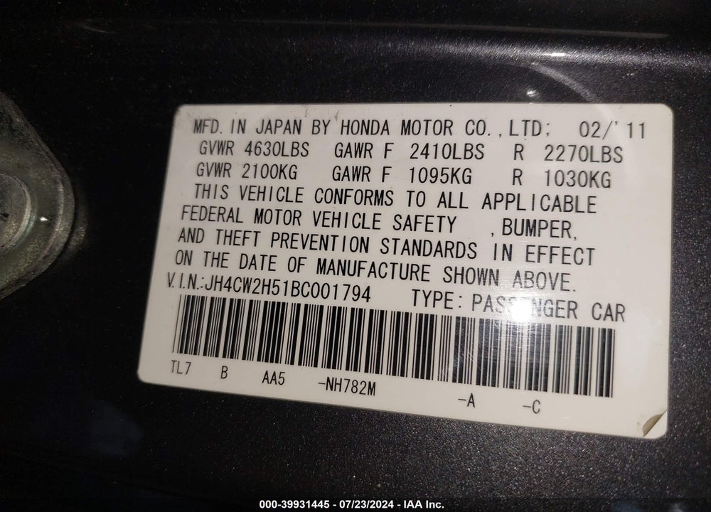 2011 ACURA TSX 2.4 VIN: JH4CW2H51BC001794