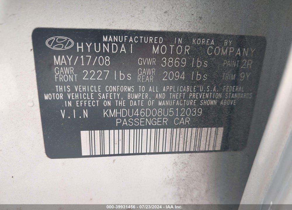 2008 HYUNDAI ELANTRA GLS/SE VIN: KMHDU46D08U512039