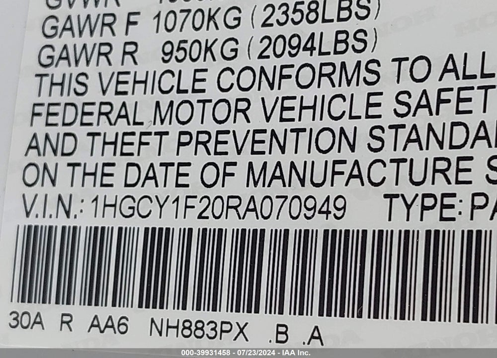 2024 HONDA ACCORD LX VIN: 1HGCY1F20RA070949