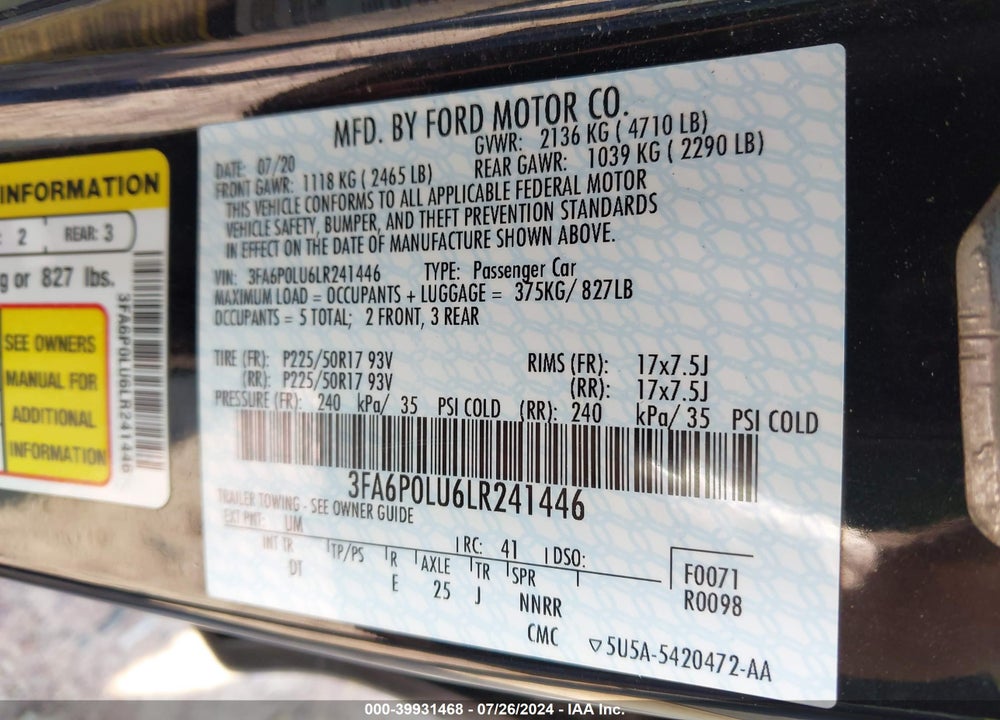 2020 FORD FUSION HYBRID SE VIN: 3FA6P0LU6LR241446