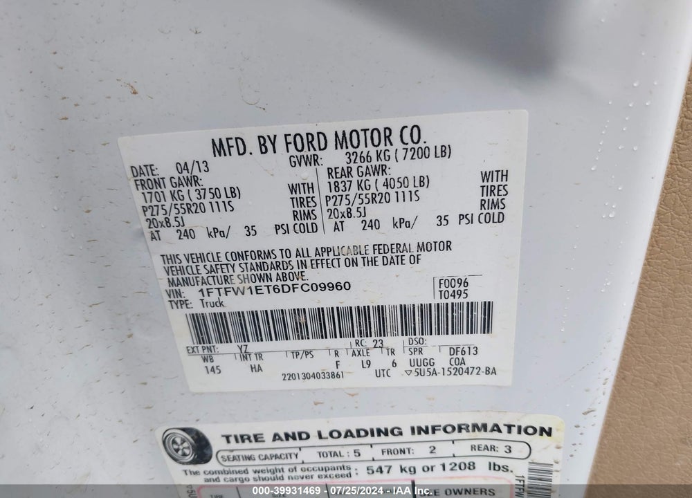 2013 FORD F-150 LARIAT VIN: 1FTFW1ET6DFC09960