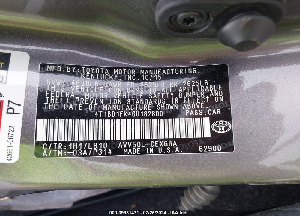 2016 TOYOTA CAMRY HYBRID XLE VIN: 4T1BD1FK4GU182800