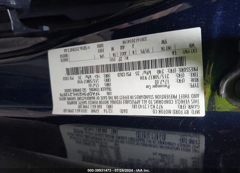 2017 FORD FOCUS SEL VIN: 1FADP3H23HL212976