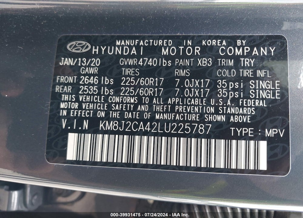 2020 HYUNDAI TUCSON SE VIN: KM8J2CA42LU225787