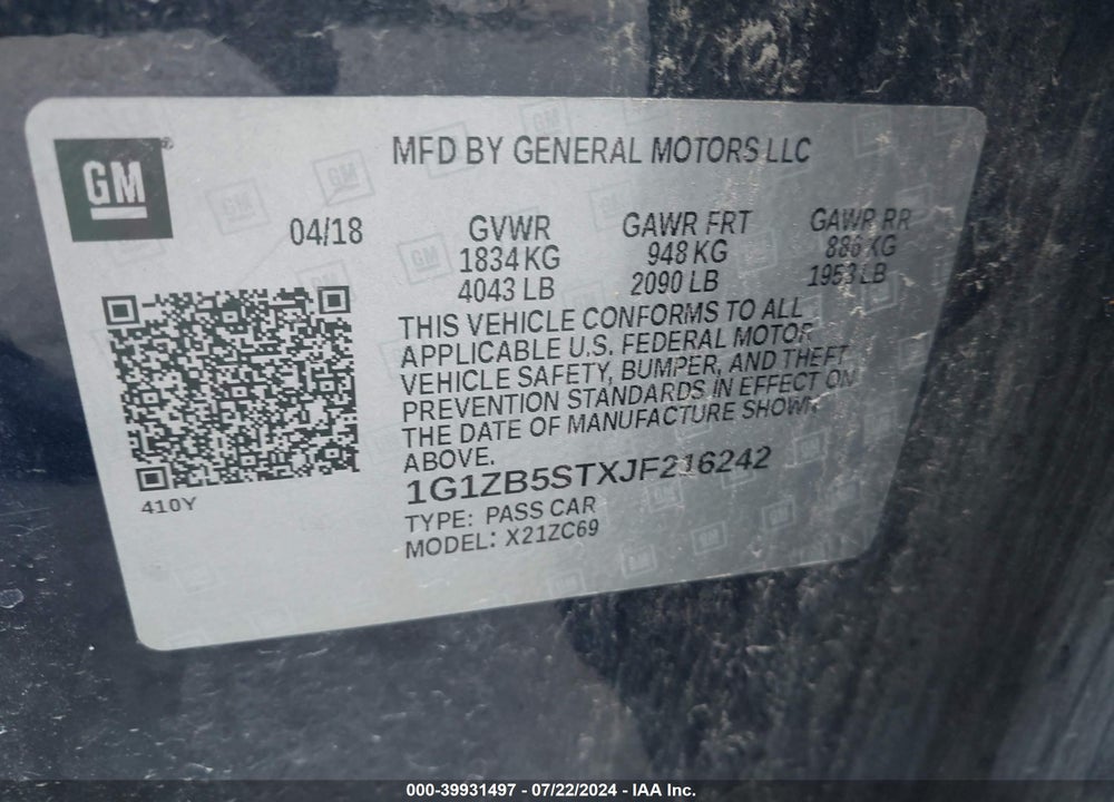2018 CHEVROLET MALIBU 1LS VIN: 1G1ZB5STXJF216242