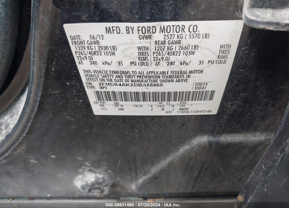 2013 FORD EDGE SPORT VIN: 2FMDK4AKXDBA55865