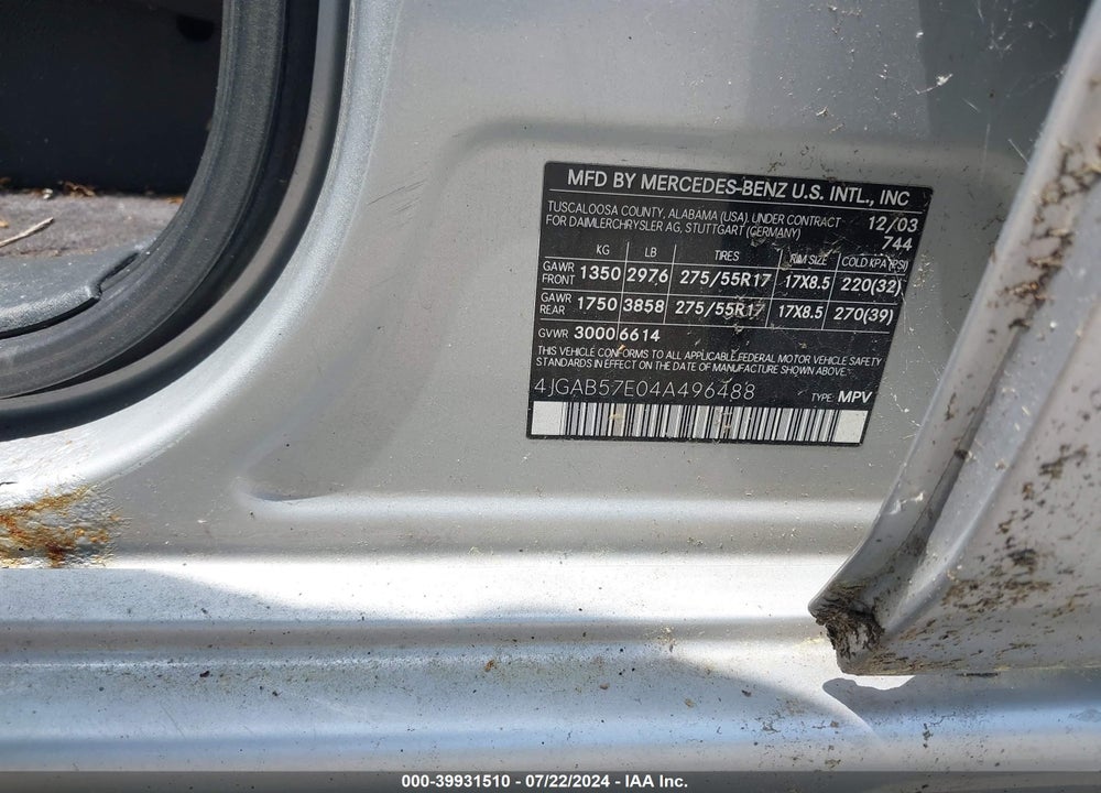 2004 MERCEDES-BENZ ML 350 4MATIC VIN: 4JGAB57E04A496488