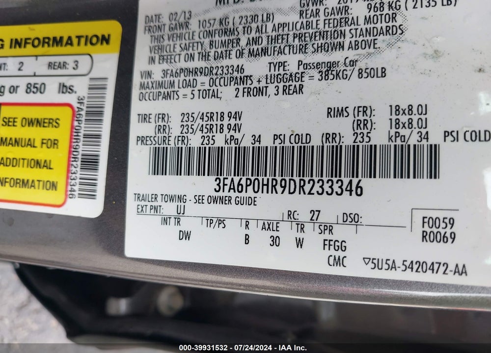 2013 FORD FUSION SE VIN: 3FA6P0HR9DR233346