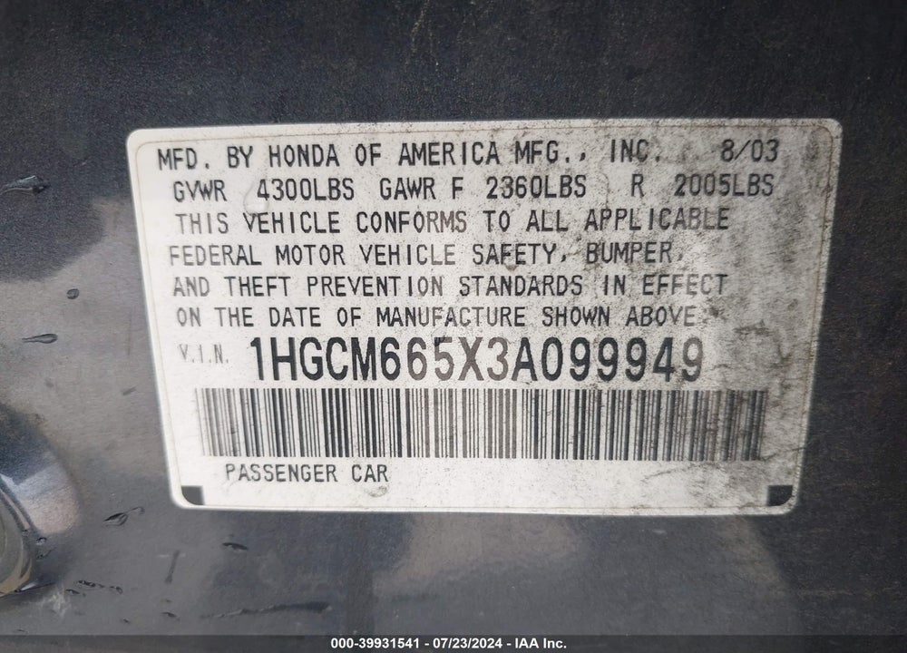 2003 HONDA ACCORD 3.0 EX VIN: 1HGCM665X3A099949