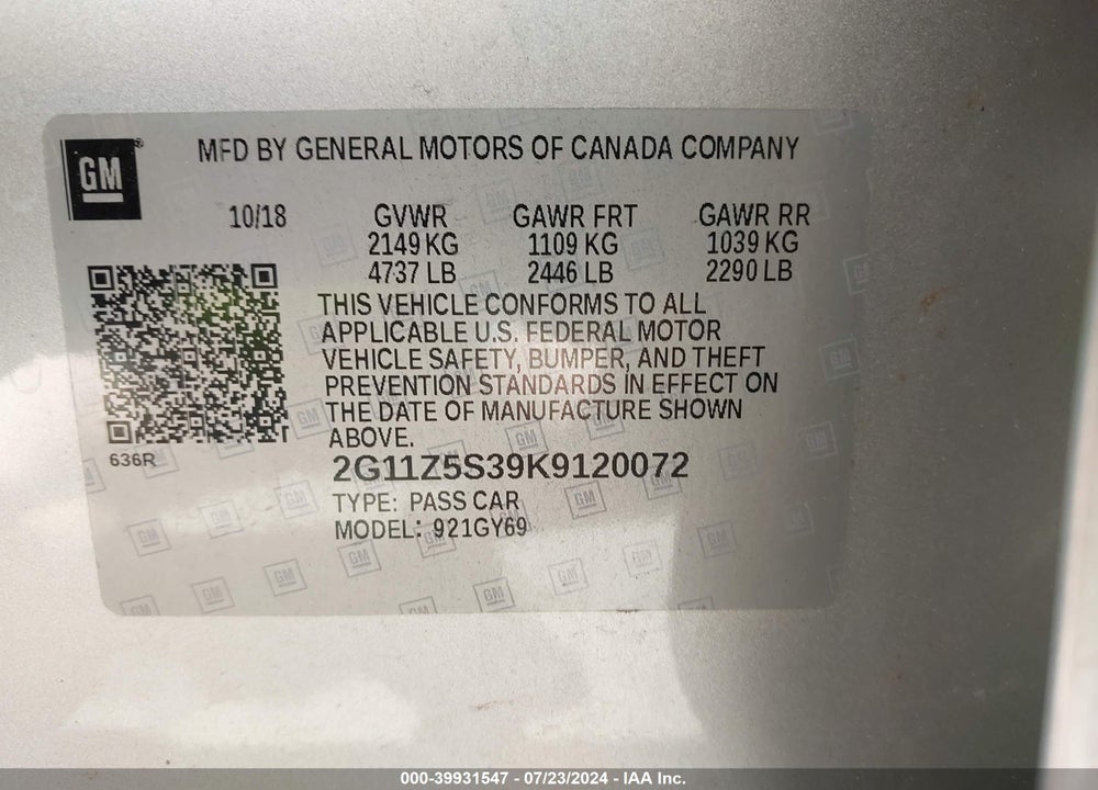 2019 CHEVROLET IMPALA LT VIN: 2G11Z5S39K9120072