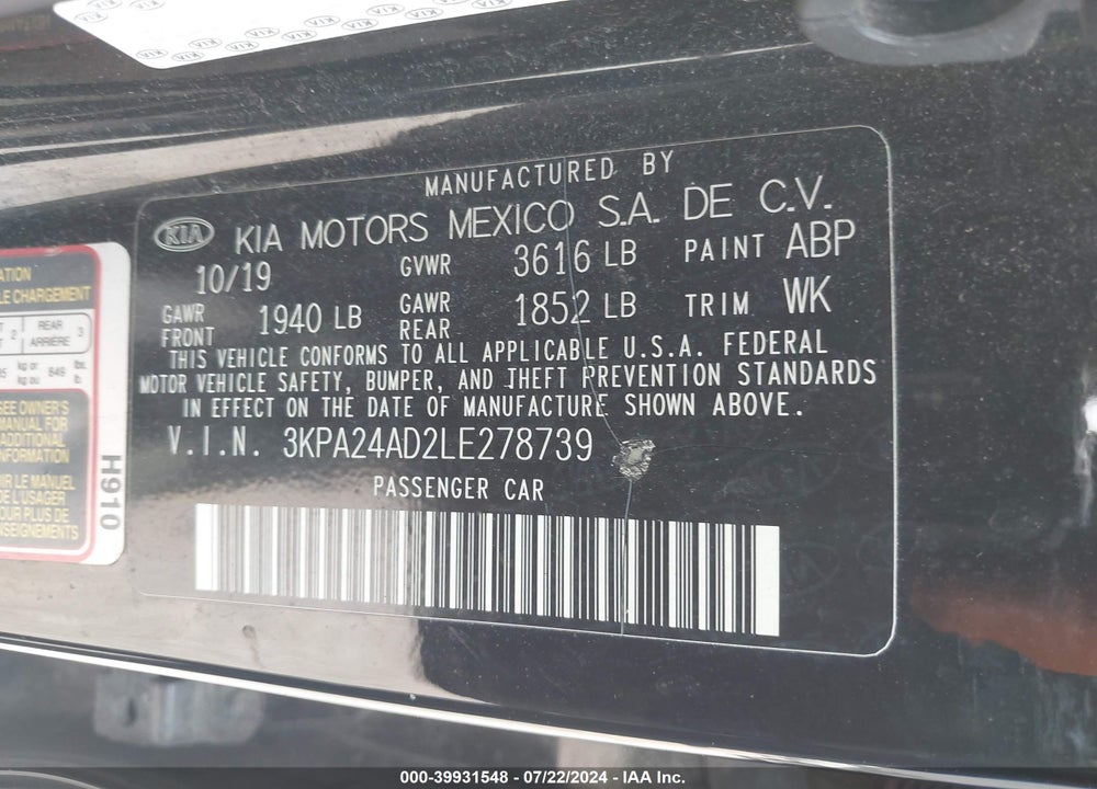 2020 KIA RIO LX VIN: 3KPA24AD2LE278739