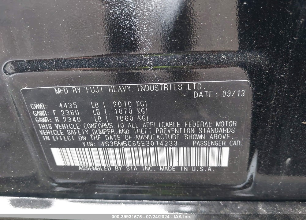 2014 SUBARU LEGACY 2.5I PREMIUM VIN: 4S3BMBC65E3014233