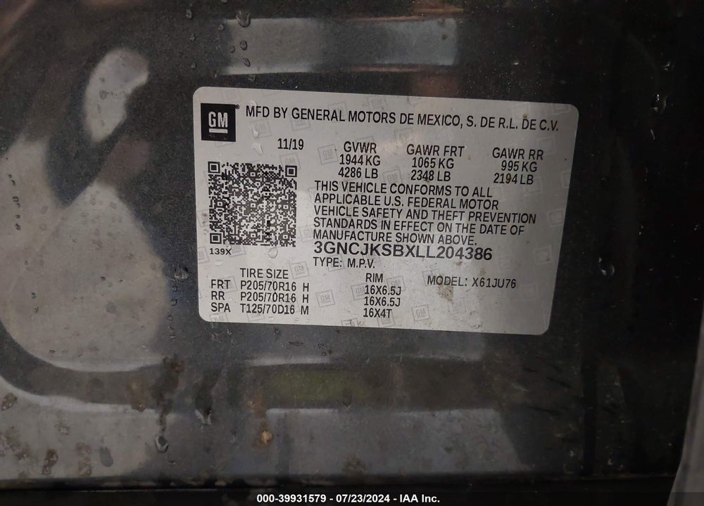 2020 CHEVROLET TRAX FWD LS VIN: 3GNCJKSBXLL204386