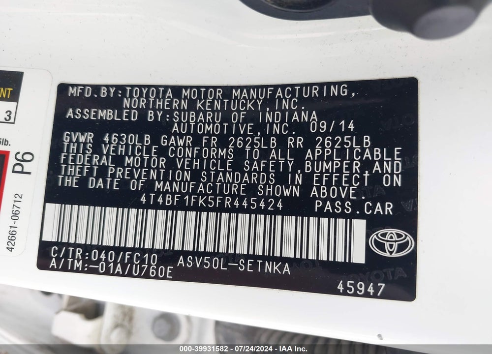2015 TOYOTA CAMRY LE VIN: 4T4BF1FK5FR445424