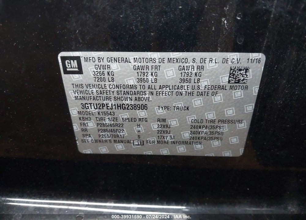 2017 GMC SIERRA 1500 DENALI VIN: 3GTU2PEJ1HG238906