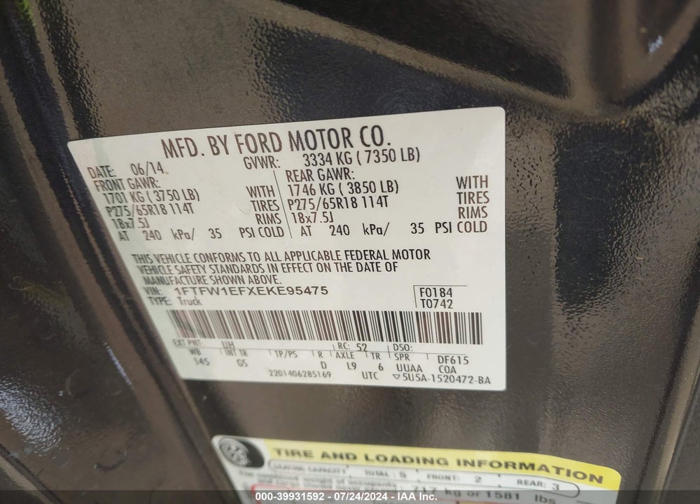 2014 FORD F-150 XLT VIN: 1FTFW1EFXEKE95475
