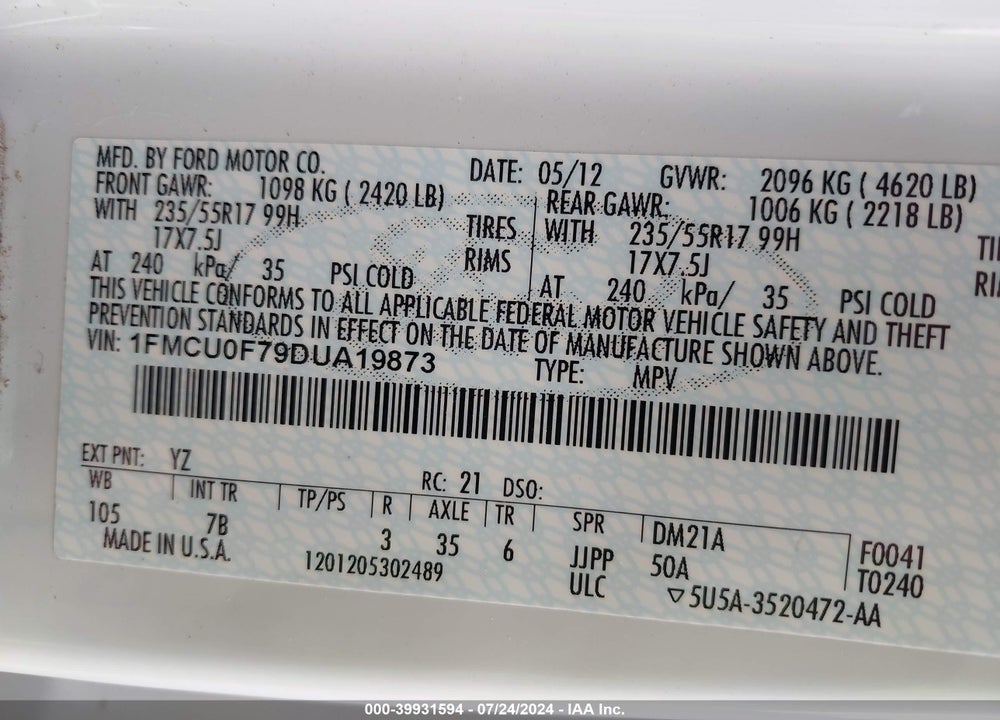 2013 FORD ESCAPE VIN: 1FMCU0F79DUA19873