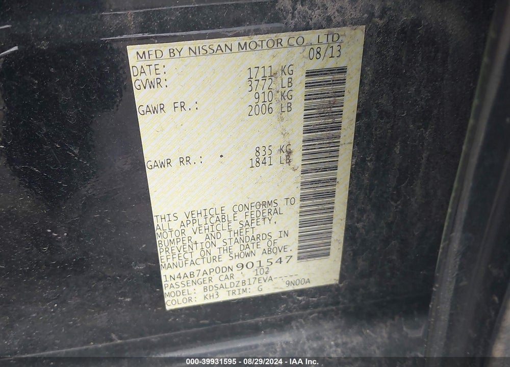 2013 NISSAN SENTRA VIN: 1N4AB7AP0DN901547