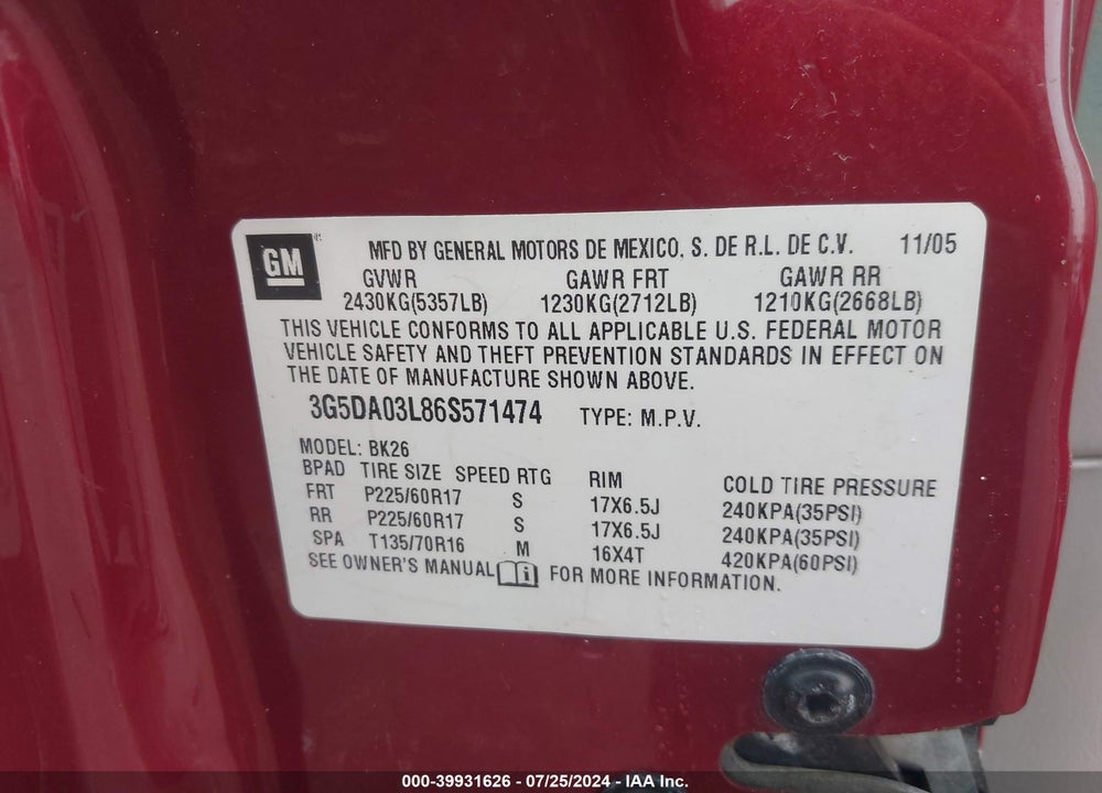 2006 BUICK RENDEZVOUS VIN: 3G5DA03L86S571474