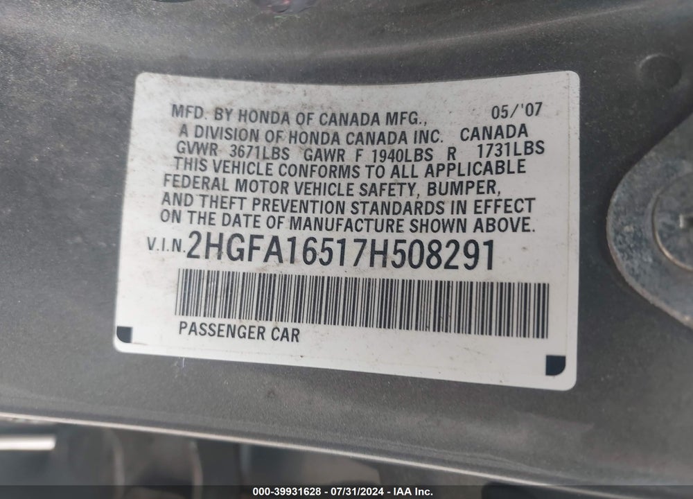 2007 HONDA CIVIC LX VIN: 2HGFA16517H508291