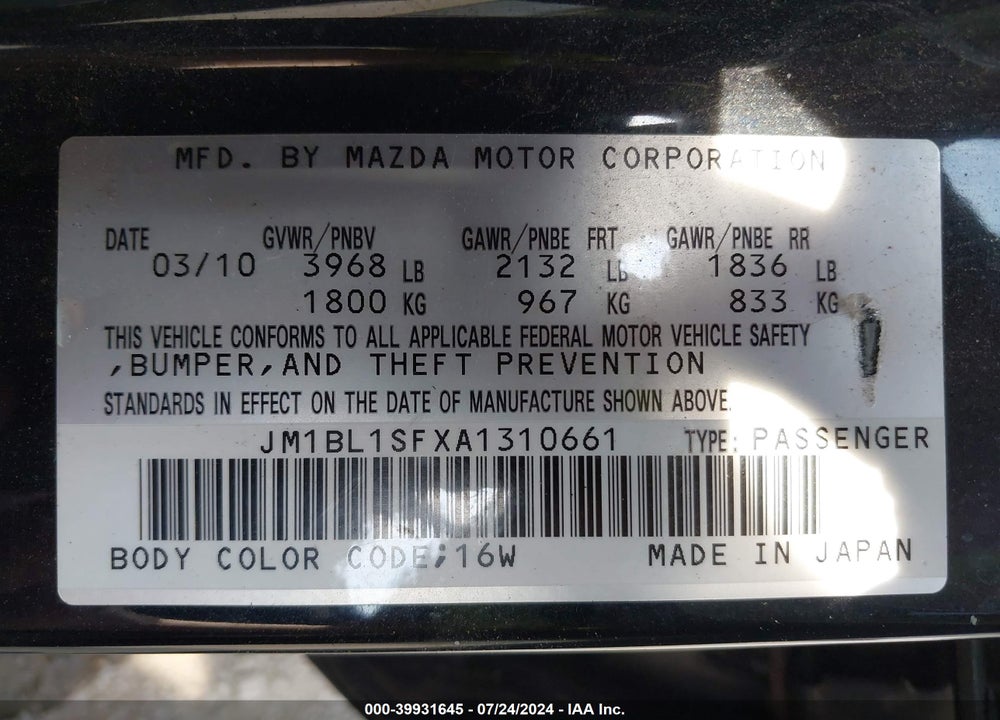2010 MAZDA 3 I TOURING VIN: JM1BL1SFXA1310661