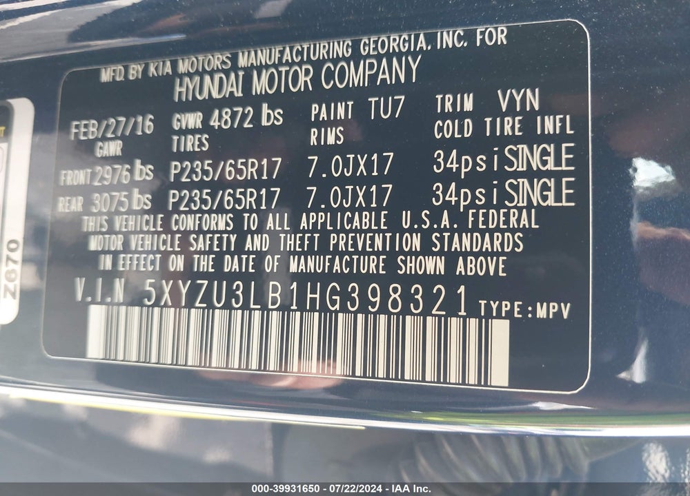 2017 HYUNDAI SANTA FE SPORT 2.4L VIN: 5XYZU3LB1HG398321
