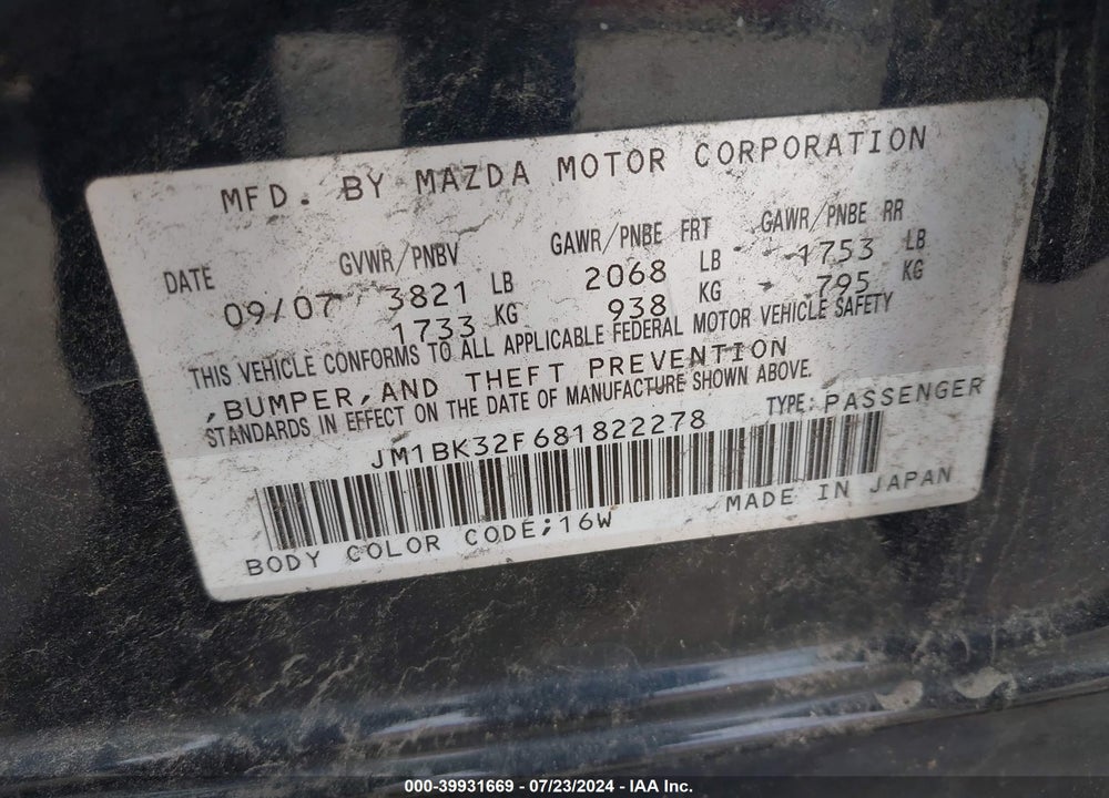 2008 MAZDA 3 I VIN: JM1BK32F681822278