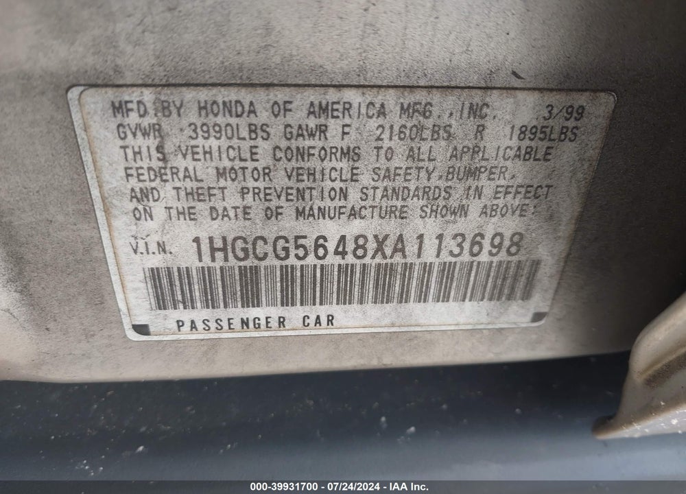 1999 HONDA ACCORD LX VIN: 1HGCG5648XA113698