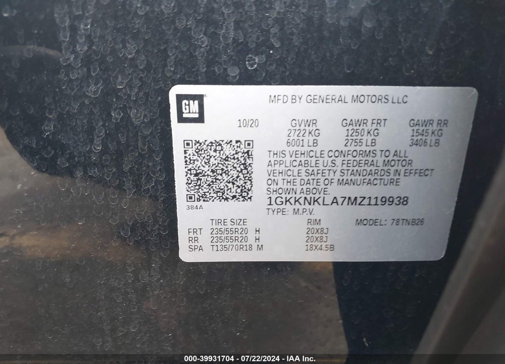 2021 GMC ACADIA VIN: 1GKKNKLA7MZ119938