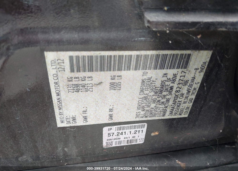 2013 NISSAN MAXIMA 3.5 SV VIN: 1N4AA5APXDC823717