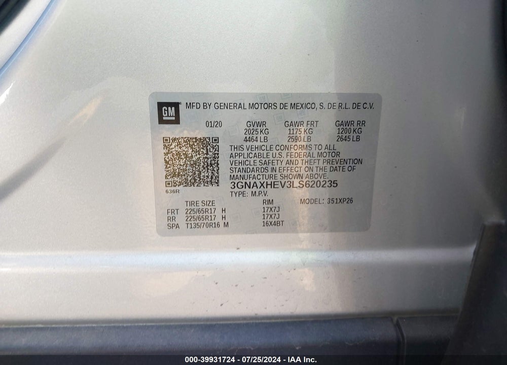 2020 CHEVROLET EQUINOX FWD LS VIN: 3GNAXHEV3LS620235