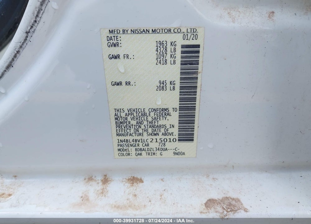 2020 NISSAN ALTIMA S FWD VIN: 1N4BL4BV1LC215010